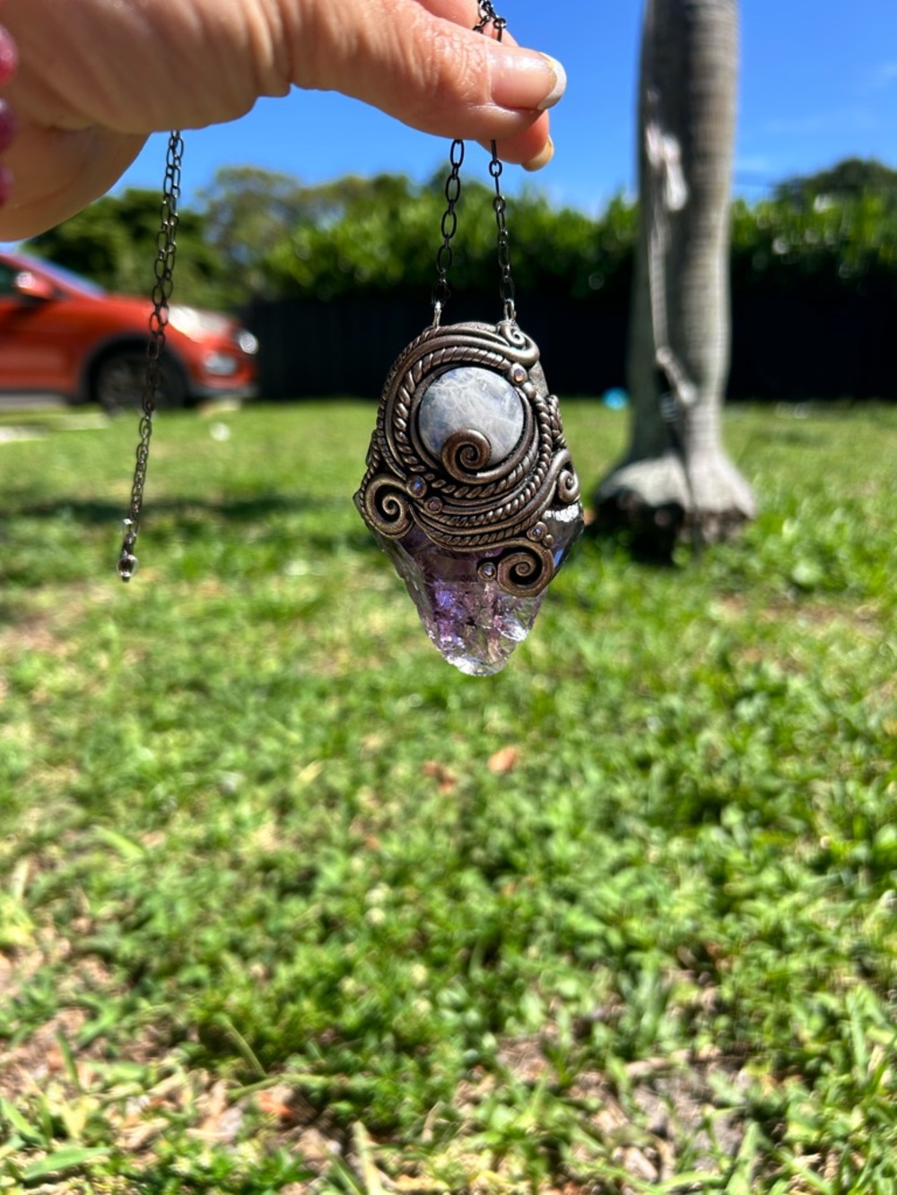 AMETHYST & RAINBOW MOONSTONE PENDANT NECKLACE